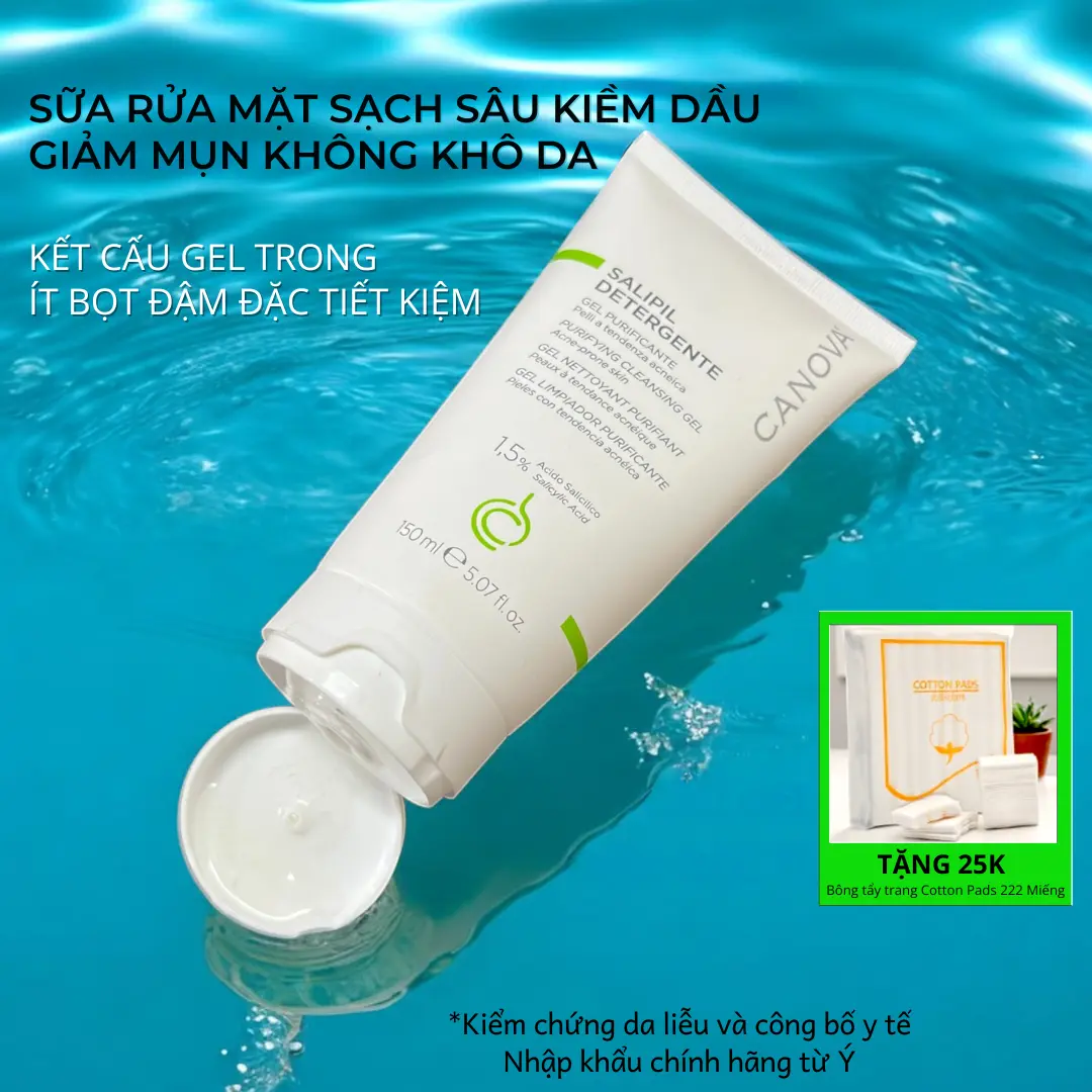 Sữa Rửa Mặt Kiềm Dầu Ngừa Mụn Không Khô Da CANOVA Detergente Salicylic 1,5% Châu Âu 150ml
