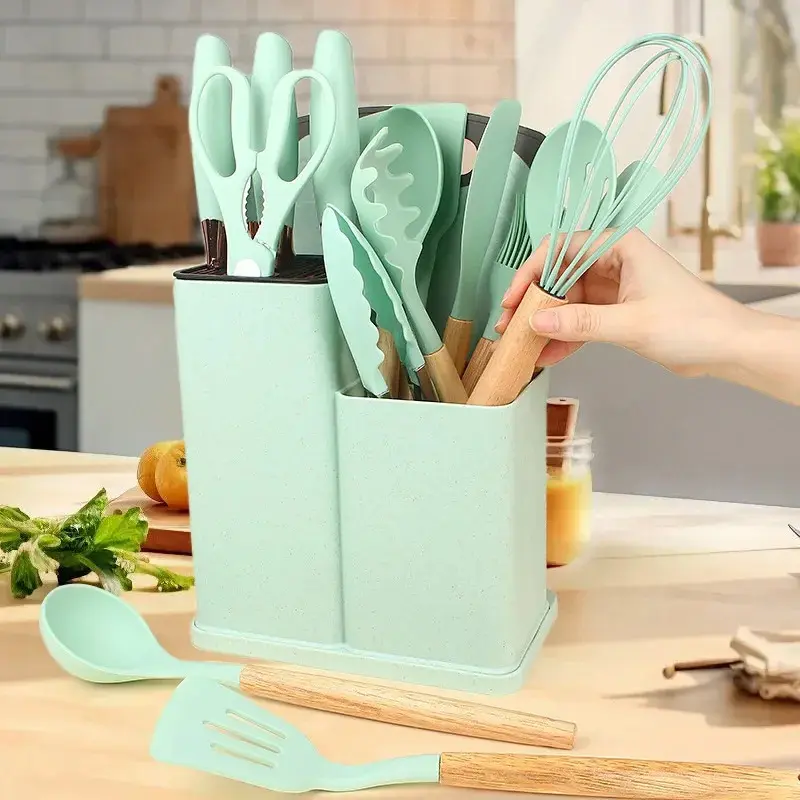 Conjunto de 19 utensílios de cozinha de silicone antiaderente, incluindo espátula, concha para sopa e jogo de facas com cepo. - 3
