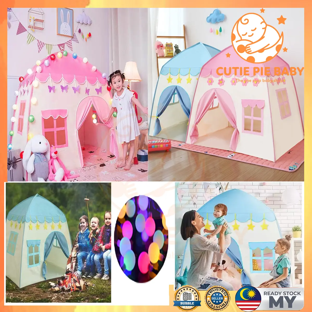Prince & Princess Castle Play Tent for Kids / Khemah /Teepee Tent Large with lights & Gift/ Pretend Play