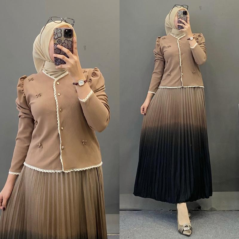 Ayucitra setelan echa fashion muslim oneset wanita kekinian terbaru Panjang Baju atasan bawahan 0