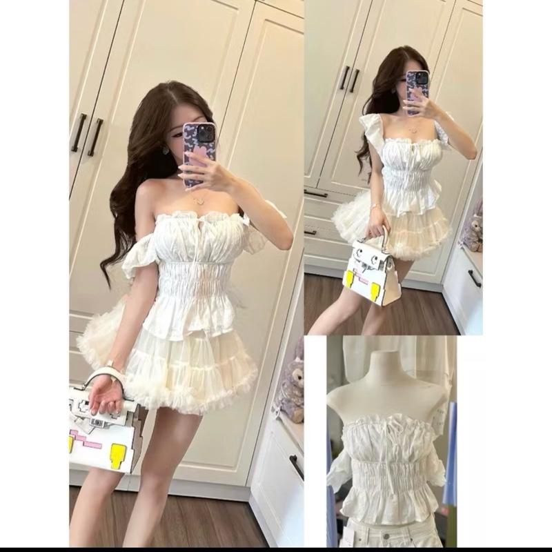  A-56 Áo ống cúp ngực nhún eo tay bèo rớt vai 