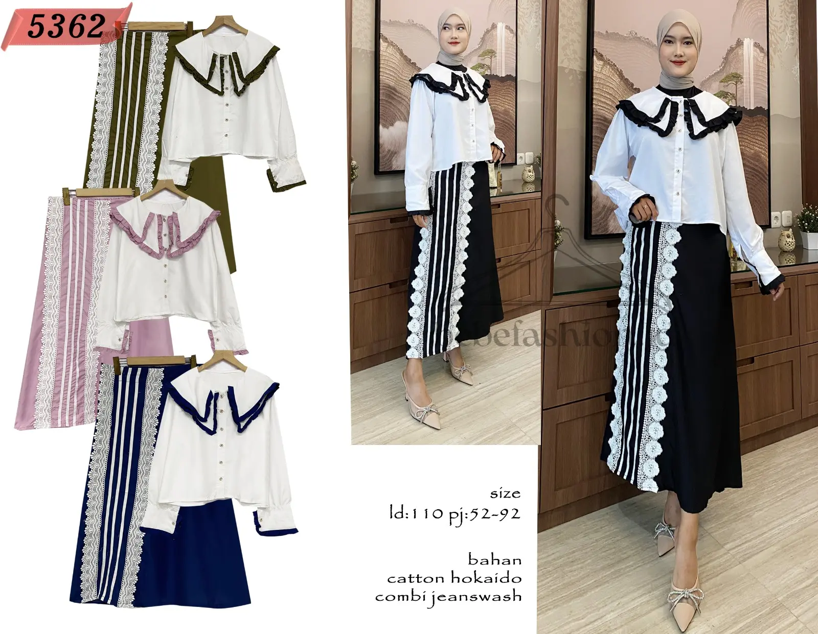5362 BEBEFASHIONID Set Rok Wanita Korean Style Basic Renda Motif Polos Lengan Panjang Premium