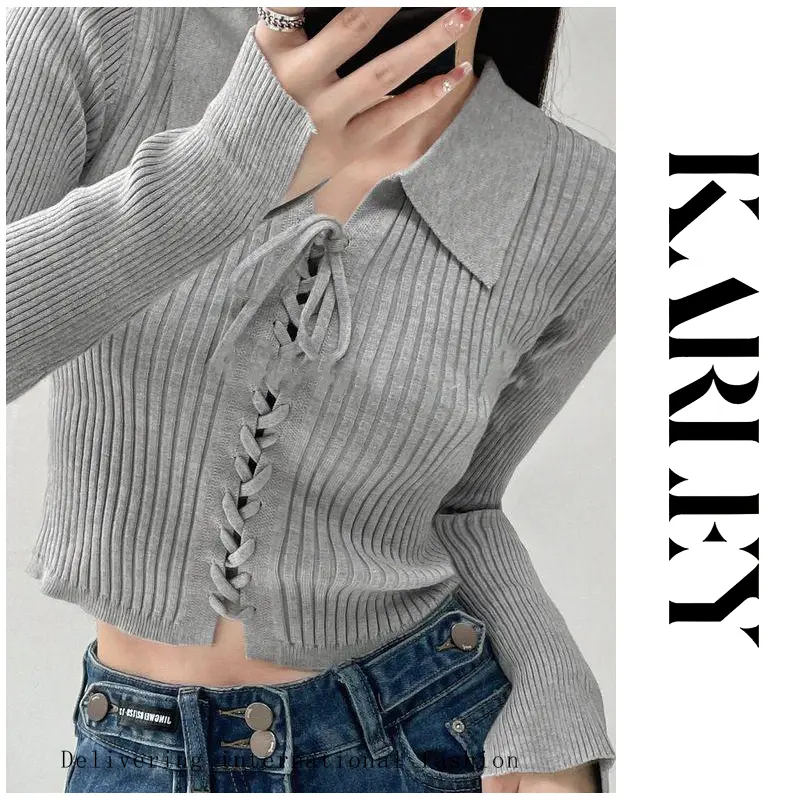 KARLEY Baju Knitwear Polos Atasan Wanita Model Lengan Panjang Rajut Polo Shirt