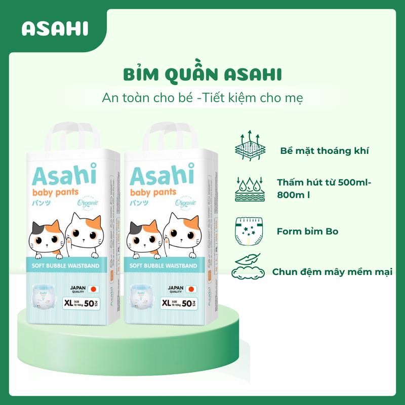 Bỉm quần ASAHI 100 miếng cho bé form bo chun Đệm mây Có miếng dán sau size M- 3XL Hút 500ml hàng sản xuất theo công nghệ Nhật Bản