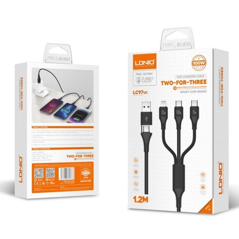 Cáp Sạc Nhanh 100W 2 Đầu TYPE C + 1 Đầu LIGHTNING
