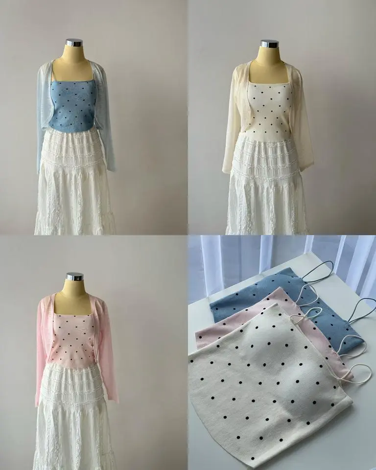 Libene - Polka Knit Set Dengan Cardigan Tipis Musim Panas