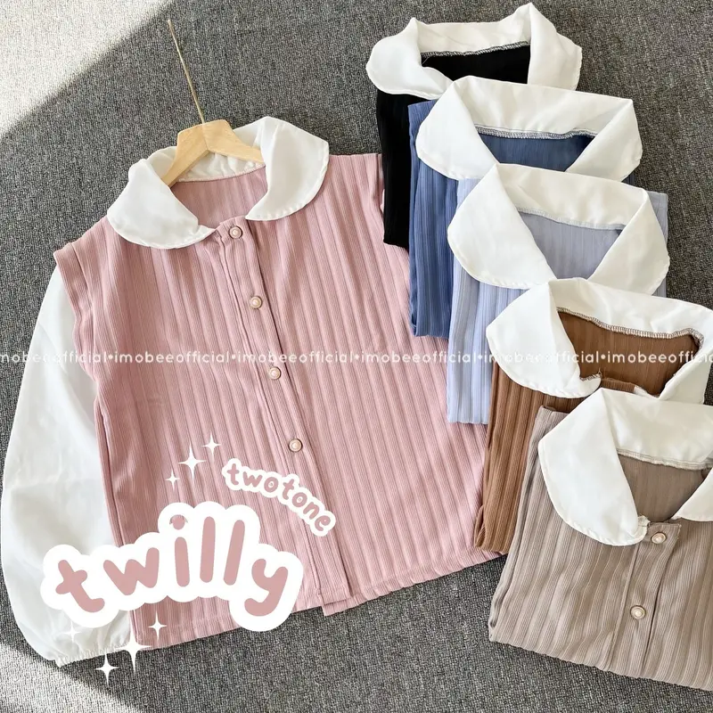TWILLY TWOTONE BLOUSE // BLOUSE KNIT HORNET COMBI SYAKILA KOREA VINTAGE Kerah Panjang Wanita Atasan Baju 1