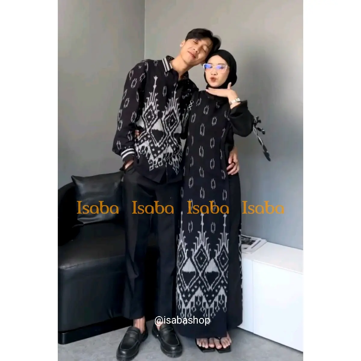 Isaba Couple Azella Hitam Dress Pesta Wanita Kondangan Baju Setelan Pasangan Gaun Panjang Dewasa Casual Katun Polos Remaja Celana Gamis Kombinasi Kain Tenun Batik Sarimbit Keluarga