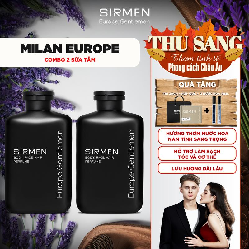 Bộ quà tặng nam MILAN EUROPE - Gồm 2 Sữa tắm gội nam 4 in 1 hương nước hoa châu Âu SIRMEN Europe Gentlemen 350g công nghệ tiên tiến | TẶNG TÚI XÁCH &  NƯỚC HOA 10ML