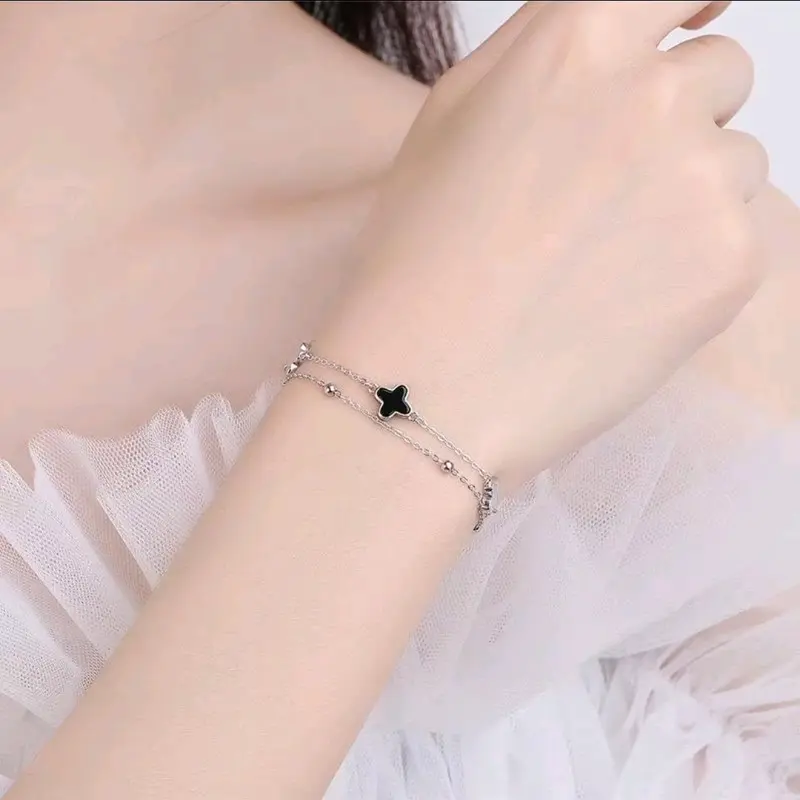 Gelang Tangan Wanita Liontin Daun Bunga Dua Layer Anti Karat Anti Luntur - Bracelets Titanium Elegan 5