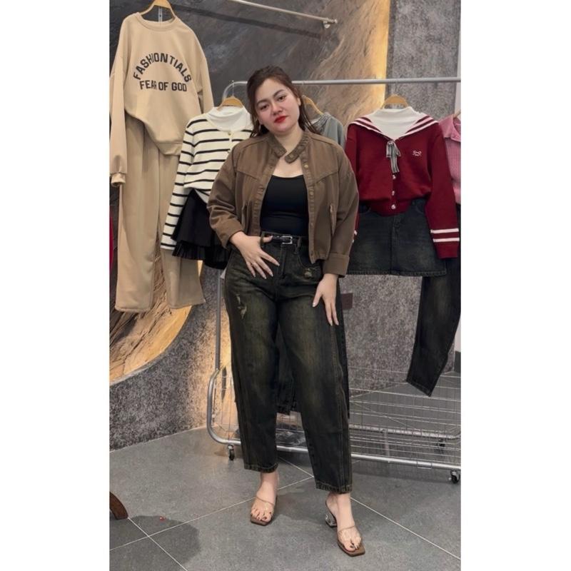  6388 BIGGSIZE Quần jeans baggy nữ cạp cao không dãn quần baggy dáng thụng chun sau phối viền tạo kiểu 