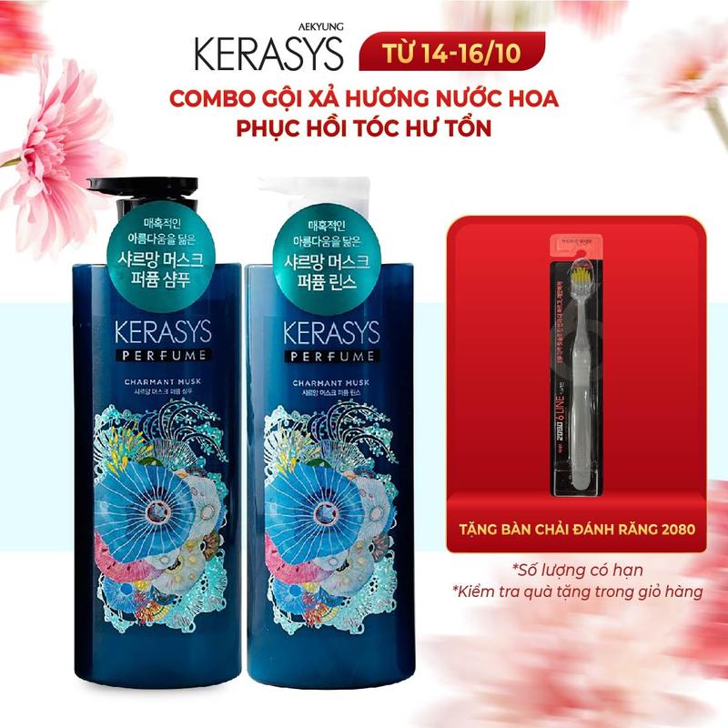 Cặp dầu gội xả nước hoa Kerasys Charmant Musk Hàn Quốc hương vani, xạ hương trắng phục hồi tóc bóng mượt 600ml