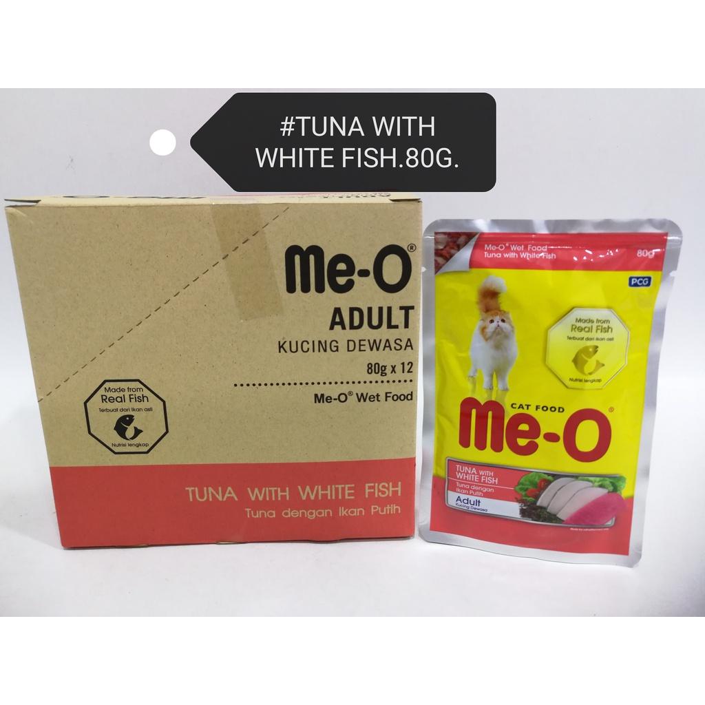 (48xPacks) Me-O Pouch Adult Wet Cat Food Feed 80gram Tuna with White Fish Makanan Kucing Snack