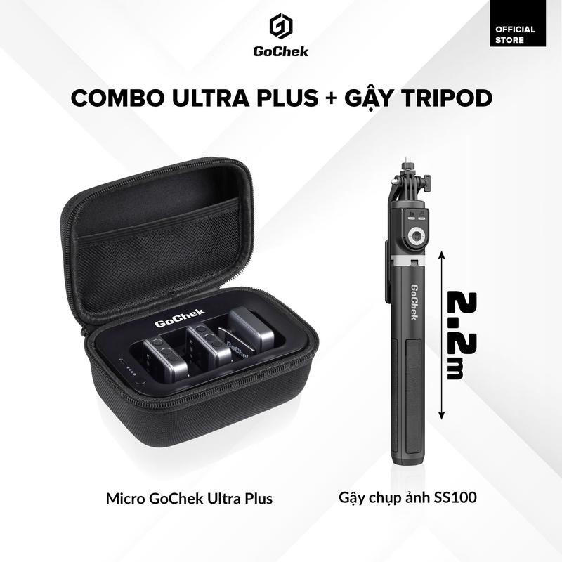 Combo Mic không dây GoChek Ultra Plus + Gậy tripod selfie | Combo phù hợp livestream thu âm quay video dành cho điện thoại máy tính máy quay máy ảnh Phụ Kiện