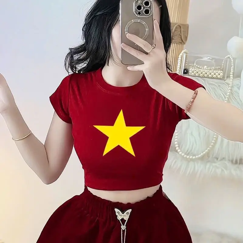 Áo Thun Croptop Borip Ôm Body Nữ Form Basic In Hình Ngôi Sao Vàng, Women Thun Sen Sò Hoa Sen Trắng Kem Tre Dáng Ngắn Cổ Tròn