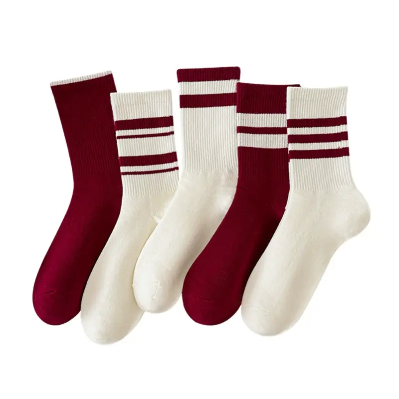 M1130 Kaos Kaki Oldschool Motif Garis 2 & garis 3 wanita panjang warna red merah white putih gaya vintage retro premium Women socks 8
