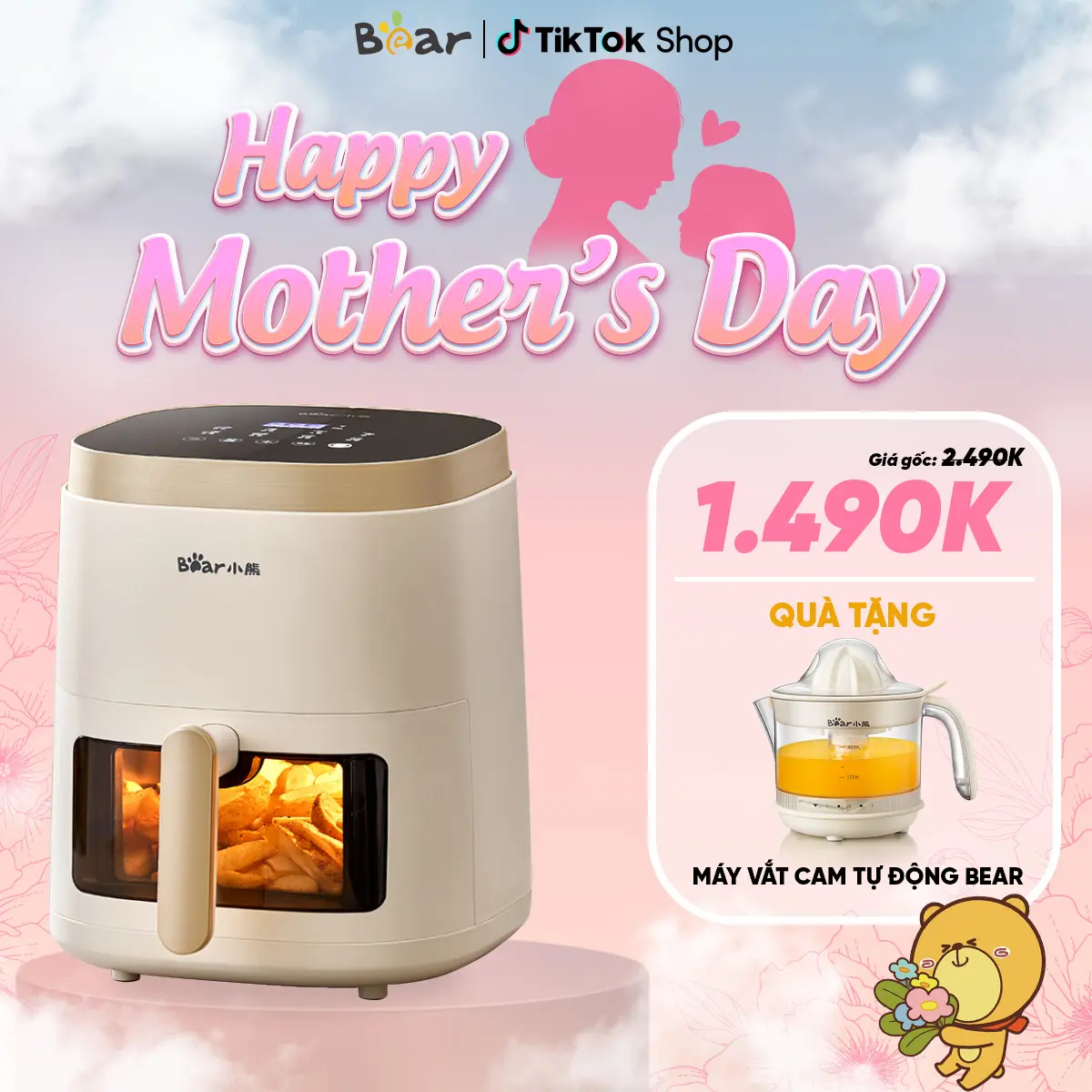 【MUA 1 TẶNG 1】Nồi chiên không dầu 5L Bear QZG-F15E3 [5L - CẢM ỨNG - 1500W]