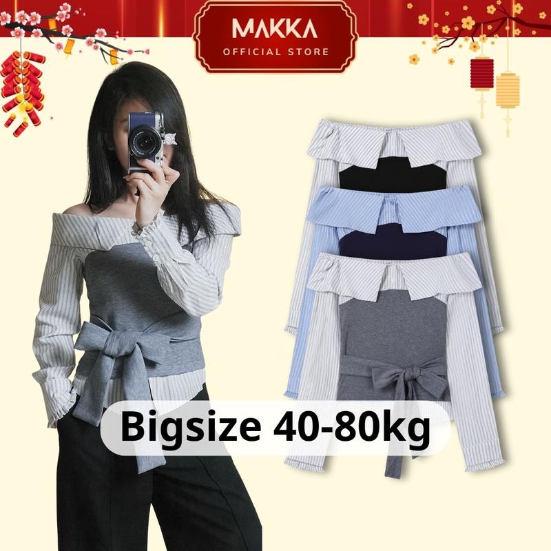 Áo nữ BIGSIZE MAKKA áo trễ vai dài tay viền bèo phối sơ mi kẻ sọc mix dây thắt nơ eo dáng ôm Hàn Quốc 3000