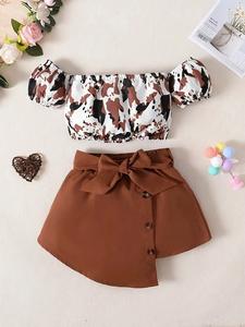 Conjunto de falda para niñas con estampado de leopardo y hombro descubierto