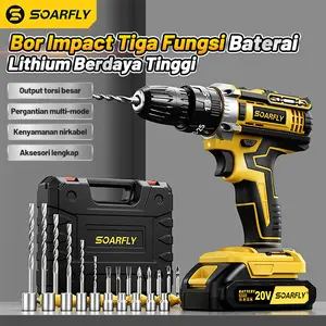 【24h shipping】SOARFLY 1588V Mesin Bor 2Baterai Cordless Drill Impact ElectricBatteryScrewdriver Wall 3 Mode Screwdriver Hammer DrillBits torsi