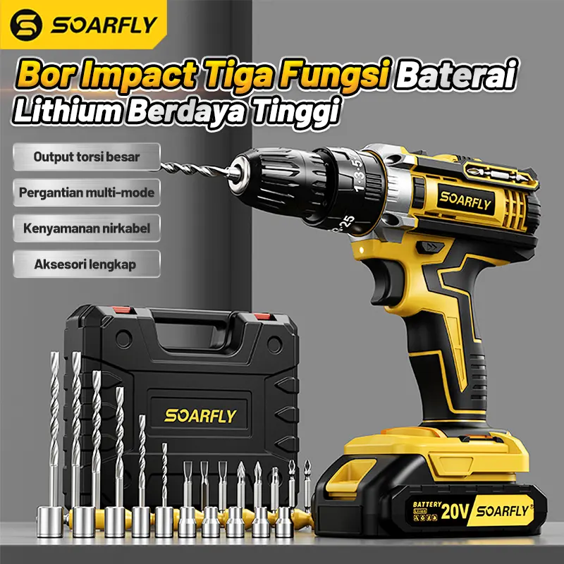 【12h Shipping】SOARFLY 1588V Mesin Bor 2Baterai Cordless Drill Impact ElectricBatteryScrewdriver Wall 3 Mode Screwdriver Hammer DrillBits torsi