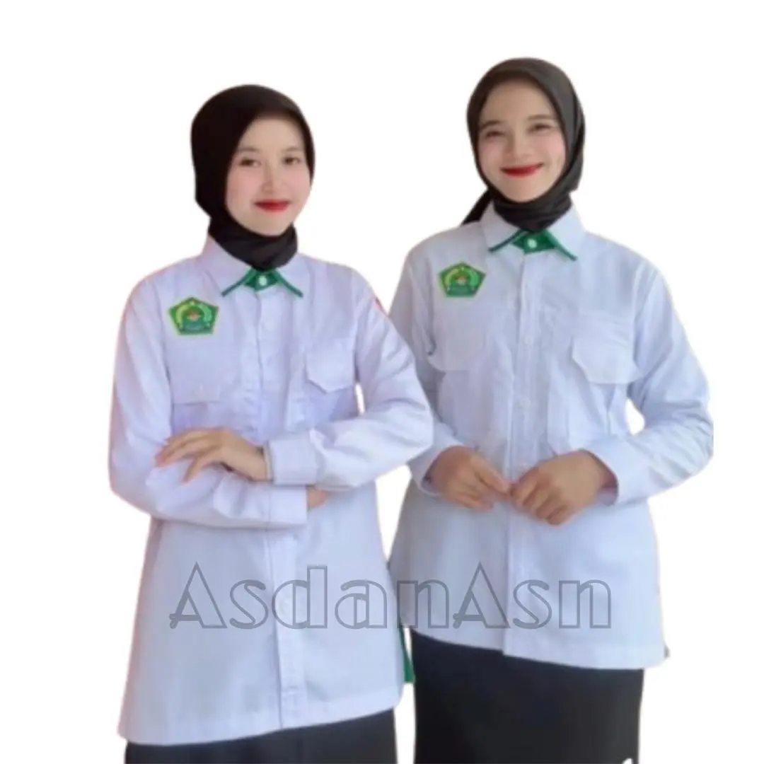 Baju seragam KEMENAG WANITA DAN PRIA Putih Hijau Terbaru 2024 Lengan Panjang Setelan Celana Atasan
