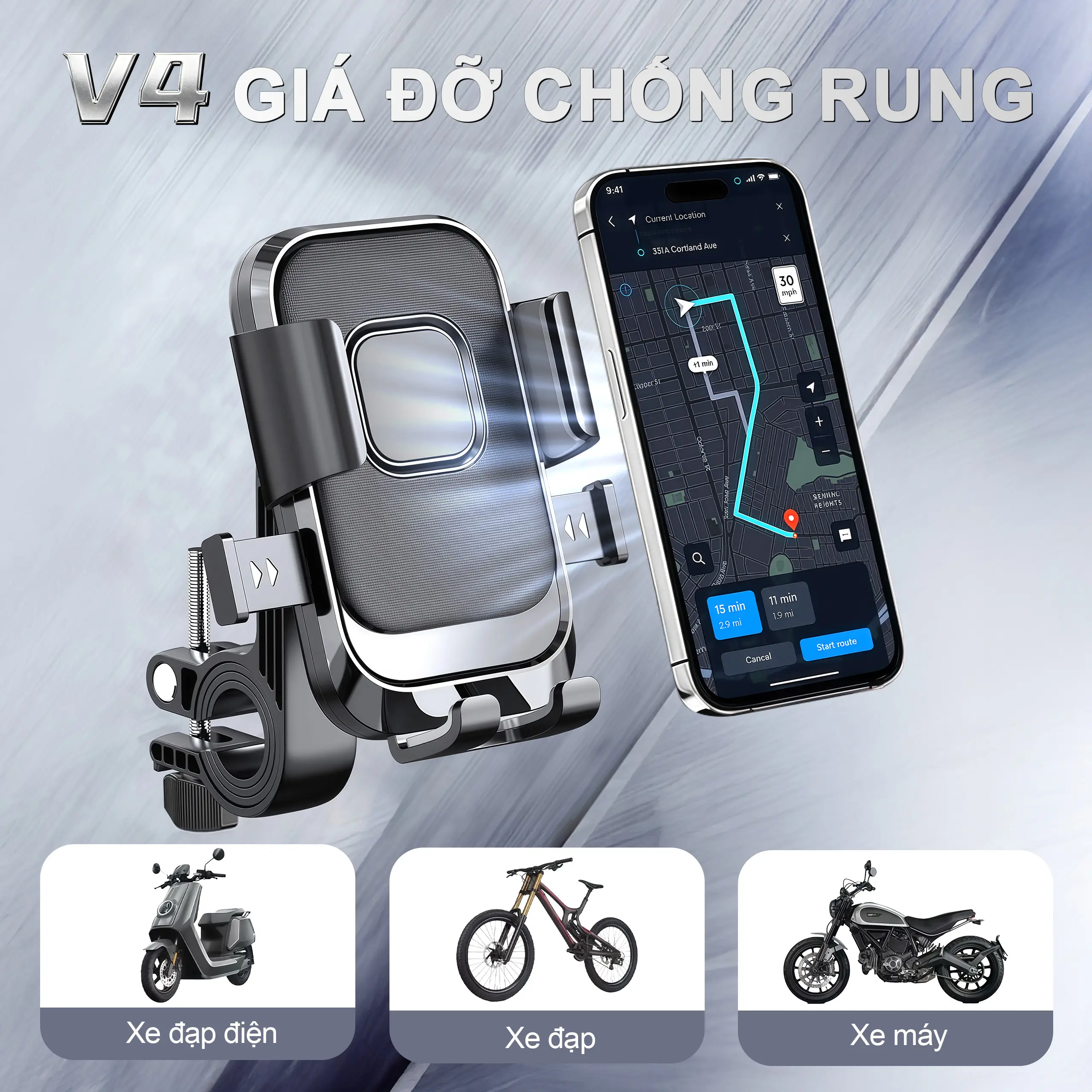 KY V4 Giá đỡ điện thoại chống rung cho xe, phù hợp với xe máy, xe đạp điện, xe đạp, khóa trong một giây, an toàn vững chắc, giảm rung chống rơi, xoay 360 độ