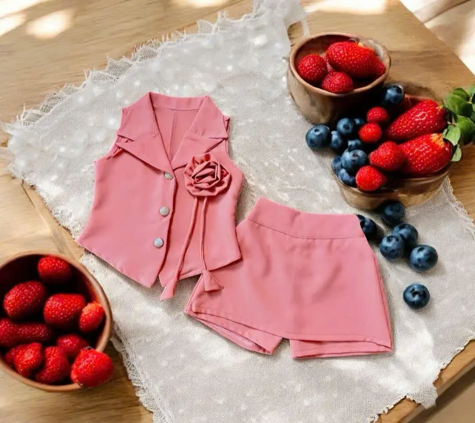 S276 Thiết kế áo gile  sát nách cổ vest đính hoa tua rua dáng ngắn- kèm quần váy cho bé gái 8-30kg (PHOM ÔM)