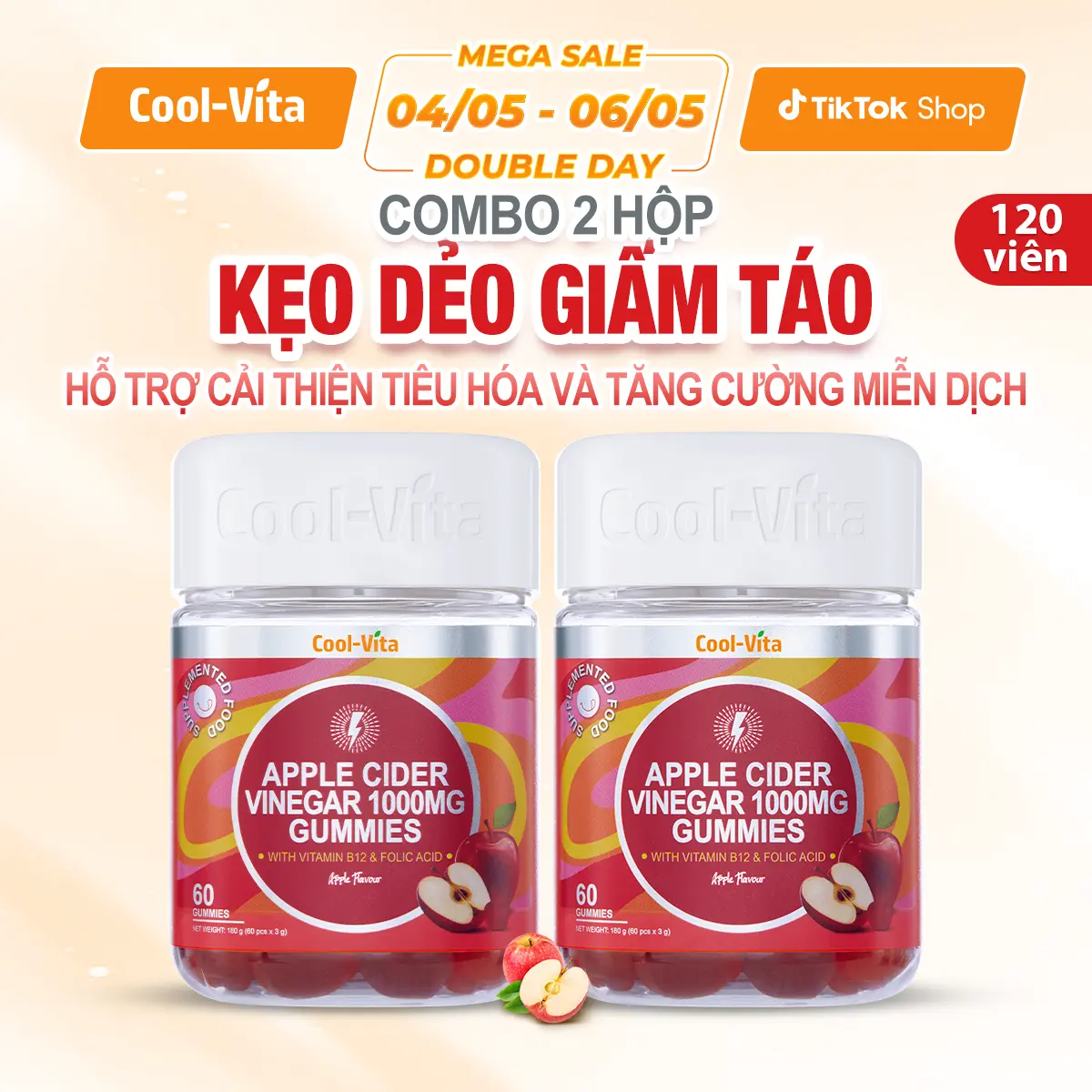 [Live] Combo 2 Hộp Kẹo Dẻo Giấm Táo Hỗ Trợ Tiêu Hóa, Hỗ Trợ Tăng Cường Miễn Dịch, Bổ sung Vitamin B12 Coolvita (60 viên x 3g)/hộp