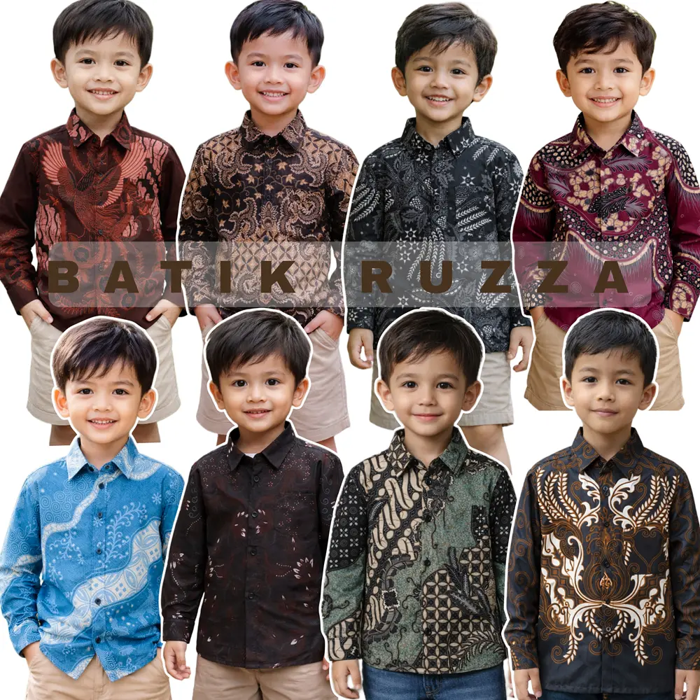 RUZZA Batik Kemeja Anak Lengan Panjang Laki Ukuran 2-15 Tahun Motif Mahkota Cucak Rowo Hitam Denim