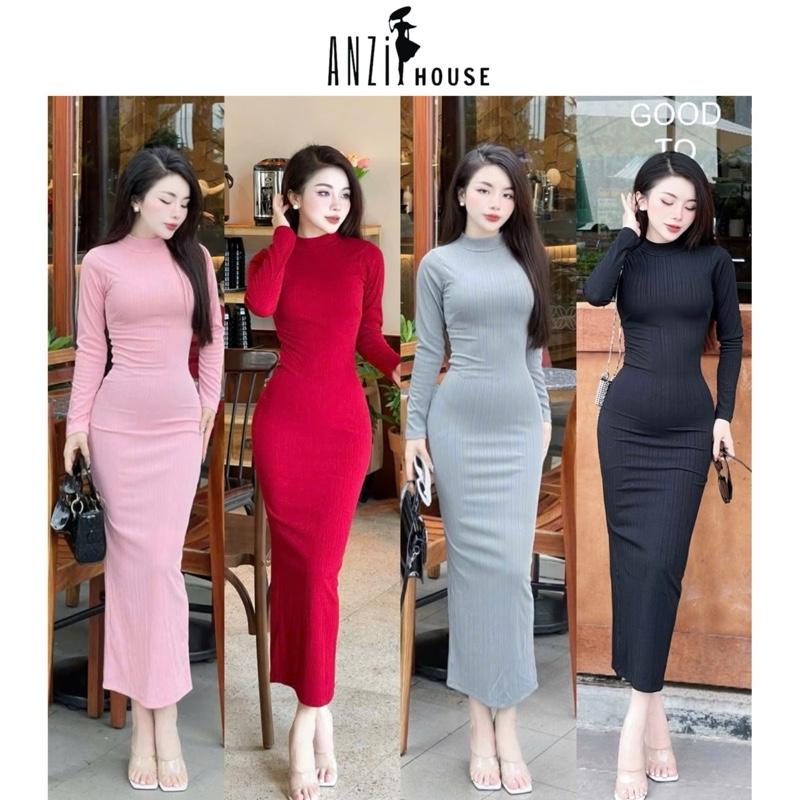 ANZi House Đầm Body Tay Dài Dáng Dài Tôn Dáng Cổ lọ 3p có xẻ tà và khoá kéo sau vải thun gân Quảng Châu co giãn mát mẽ Nữ Dress Women - Đỏ