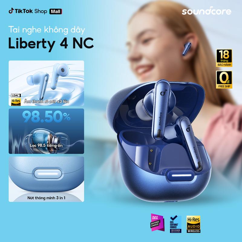 Tai nghe bluetooth chống ồn Soundcore Liberty 4NC | Chống ồn ANC 50 giờ phát nhạc | Dịch thuật AI trên App| Sạc nhanh- Tai nghe không dây- Tai nghe bluetooth pin trâu-Bảo hành 18 tháng- Hàng chính hãng
