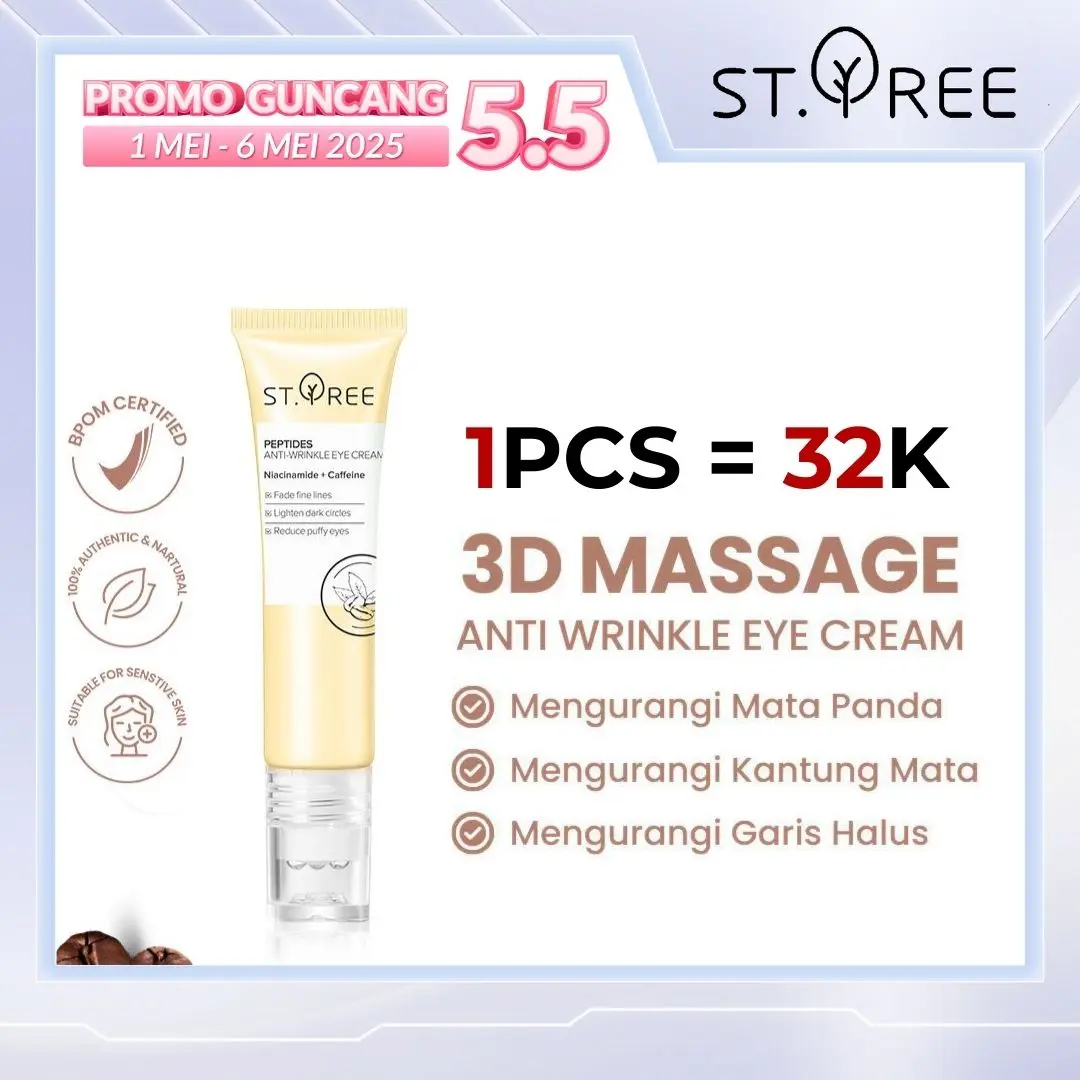 [COD] ST.TREE Multi Peptides Anti-Wrinkle Eye Cream 15 gr | Serum Perawatan Mata dengan 3D Roller Massager - Krim Mata dengan Niacinamide dan Caffeine untuk Mencerahkan dan Mengurangi Kantung Mata Panda, Menyamarkan Kerutan, Garis Halus dan Mengencangkan