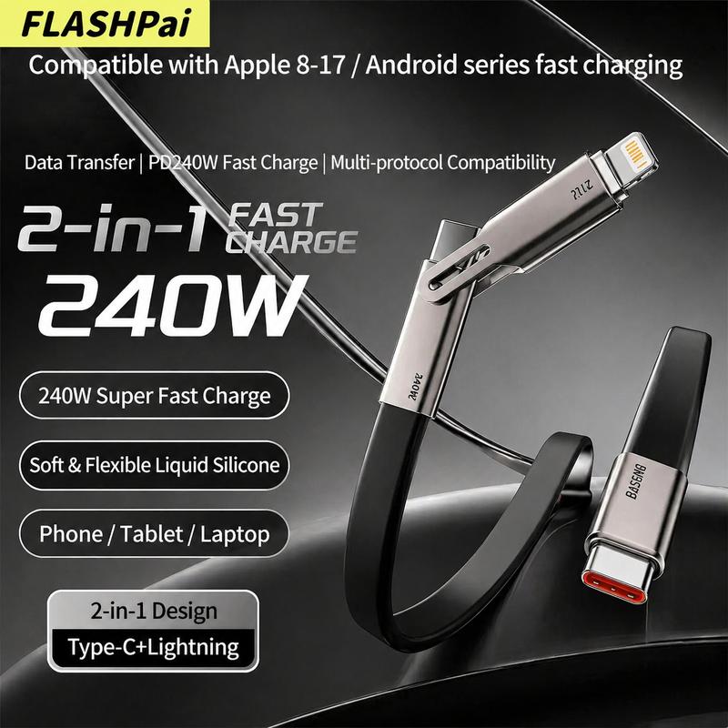 【FLASHPai】Cáp sạc nhanh 2 trong 1 dạng dẹt, cáp sạc silicon, Type-C sang C/L,…