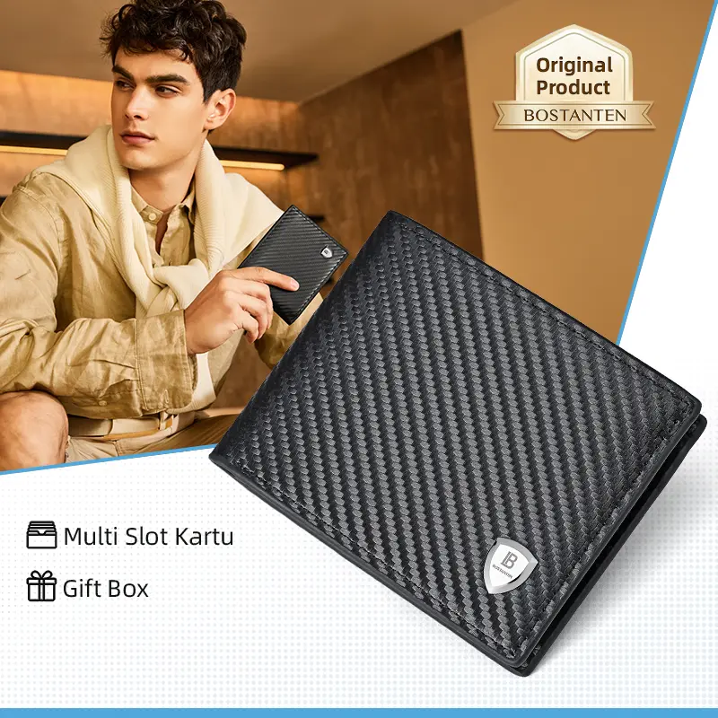 BOSTANTEN Twill Wallet Dompet Pria Koin Ritsleting Kulit PU Tiga Kali Lipat Tikar Jerami Hitam/Kopi BSB0625205