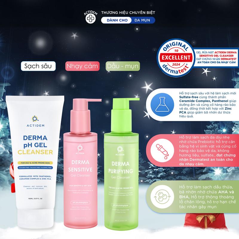 Gel rửa mặt giúp ngừa mụn cho da dầu nhạy cảm da hỗn hợp Actidem Derma pH Sensitive Purifying Gel Cleanser 30 150 200ml- ADS