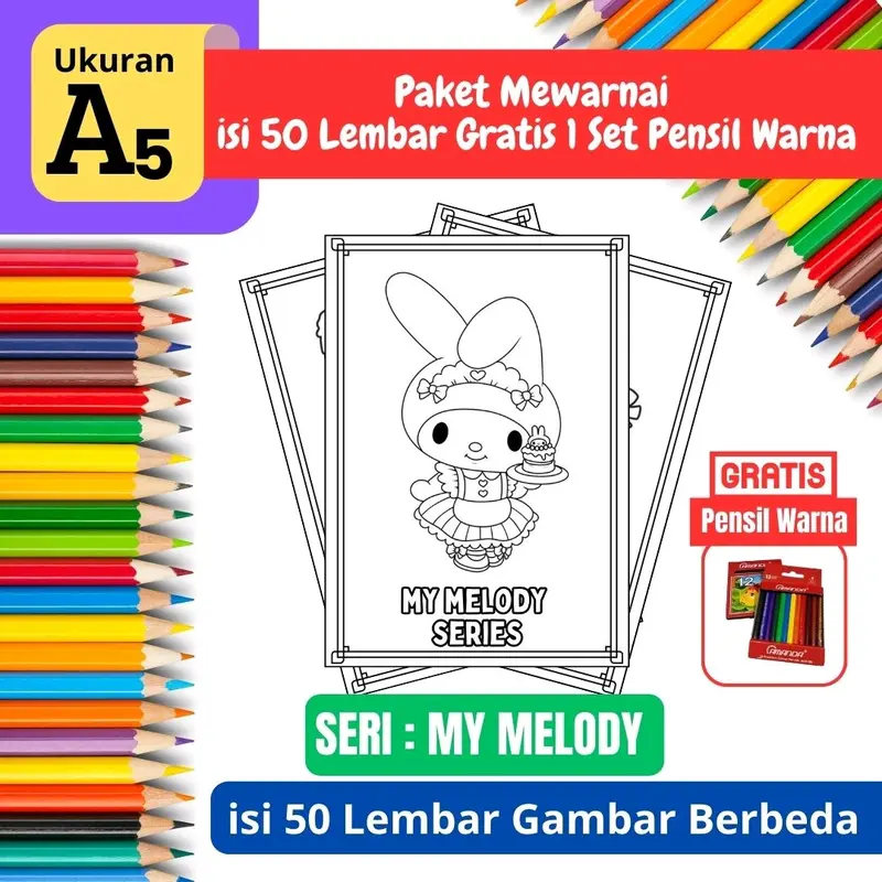 [ EDISI My Melody ] Promo Termurah Paket Mewarnai Gambar isi 50 lembar Gratis 1 Set Pensil Warna - A5 Tebal - Edisi My Melody 1