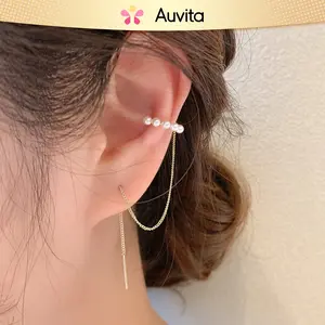 Auvita 1 Pcs Anting Ear Cuff Mutiara Rantai Panjang Anting Wanita Panjang Fashion Jewelry