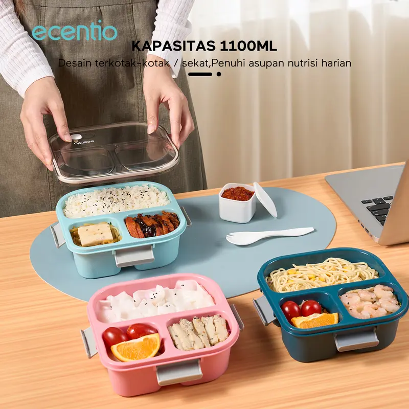 【2pcs】【BPA FREE】ecentio  lunch box settempat bekal makan kotak bekal anti tumpah 3 grid 1100ml Kotak makan wadah bekal anti tumpah kotak sup 100ml Free Sendok Kitchenware 6