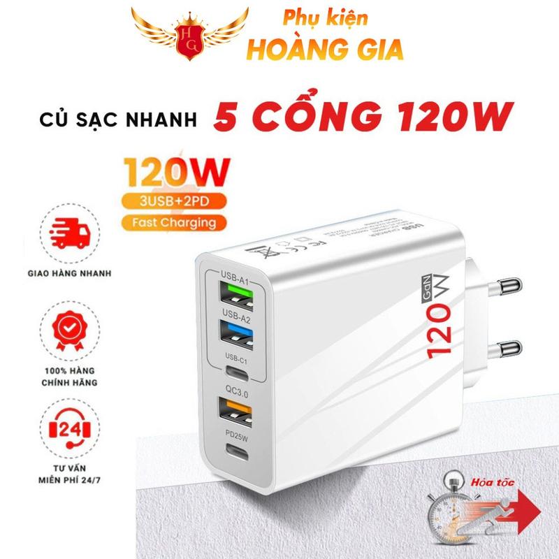 Củ Sạc Nhanh PD 120W 5 Cổng Goteca Sạc nhanh nhiều thiết bị USB 3.1A + Type C QC 3.0 - Pk Hoàng Gia