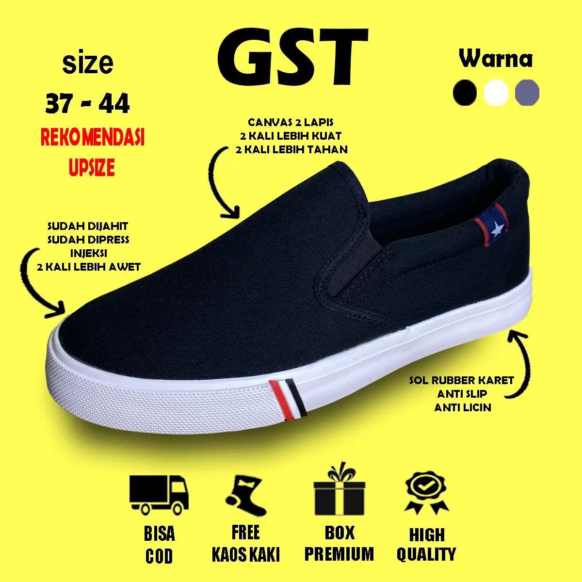 GST Ronnie Slip On Sepatu Kasual Pria Wanita Sol Karet Anti Slip Anti Licin