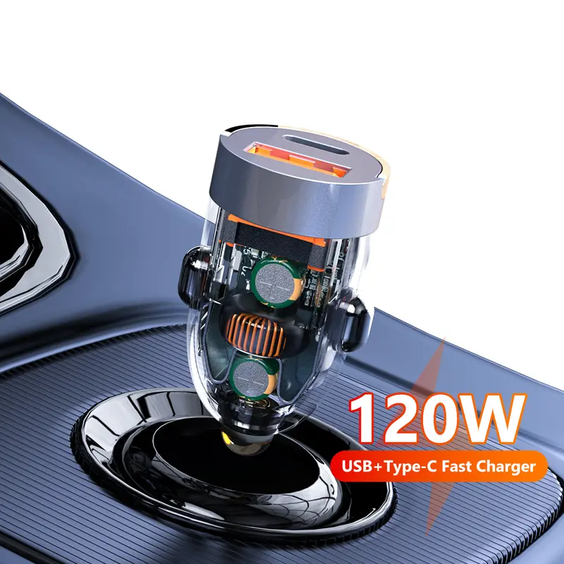 Bộ sạc ô tô, USB Type C, Nhẫn kéo trong suốt và Vô Hình 120W, QC3.0 PD Sạc siêu nhanh, Bộ Chuyển Đổi bộ sạc điện thoại, Thích hợp cho điện thoại di động, Tương thích với iPhone, Xiaomi, Samsung, Phụ kiện 1