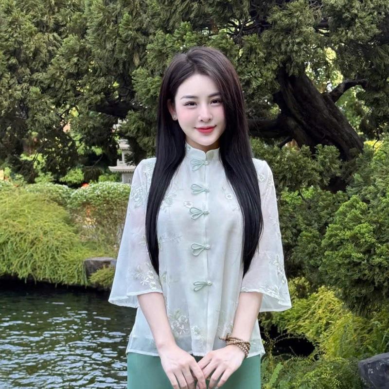 Áo lẻ lụa tơ cổ tàu nơ tiểu thư - pháp phục Hà Anh Nữ Women