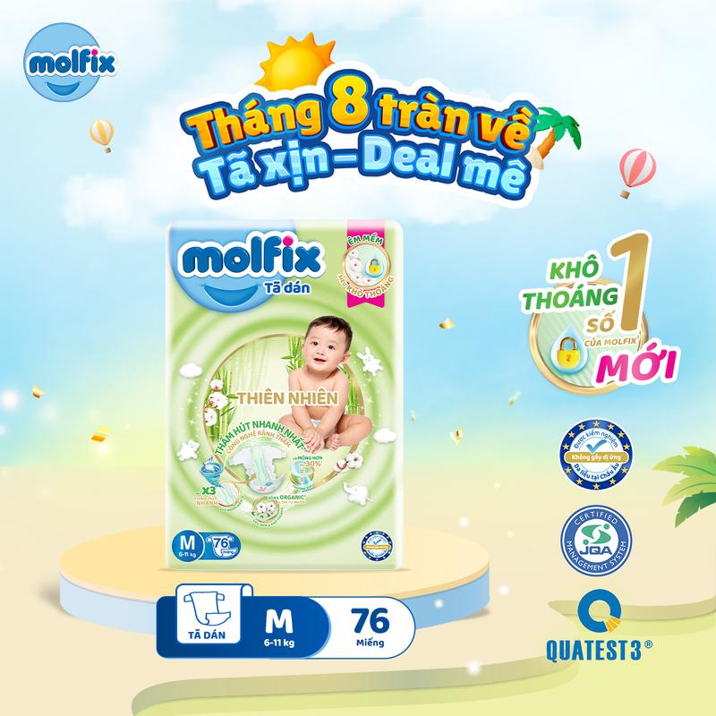 Tã Bỉm Dán Molfix Thiên Nhiên Super Jumbo Với Sợi Tre Tự Nhiên Và Bông Organic Thấm Hút Mềm Mại Luôn Khô Thoáng Cho Bé - 5 Size S M L XL XXL 4kg - 25kg Bao bì thay đổi theo từng đợt nhập hàng