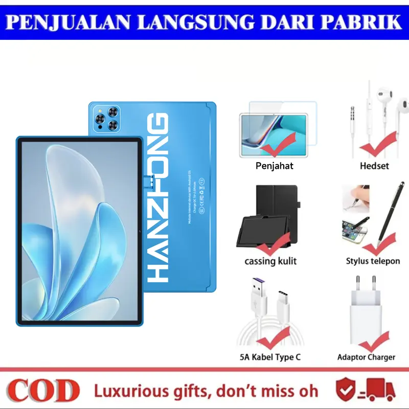Komputer tablet 5G baru, game hiburan, pembelajaran, komputer tablet Android multifungsi, memori besar 16GB+1TB, baterai 12800mAh, kamera HD, SIM ganda 10,8 inci, mikrofon WiFi Bluetooth siaga ganda Layar 7