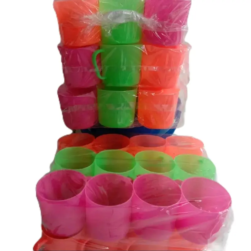 Gelas/cangkir plastik plus gagang 1 lusin 3 warna sesuai gambar 1 lusin 12 pcs 1
