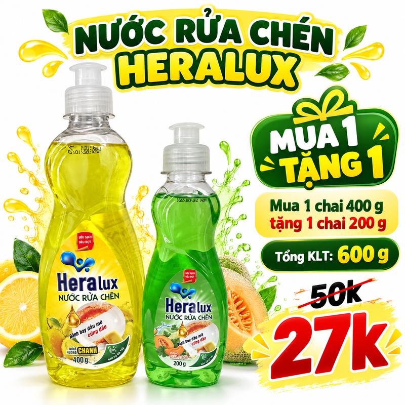 Nước rửa chén HERALUX Chai 400 g tặng 1 chai 200 g - siêu sạch siêu bọt rửa chén bát sạch bay dầu mỡ an toàn cho gia đình