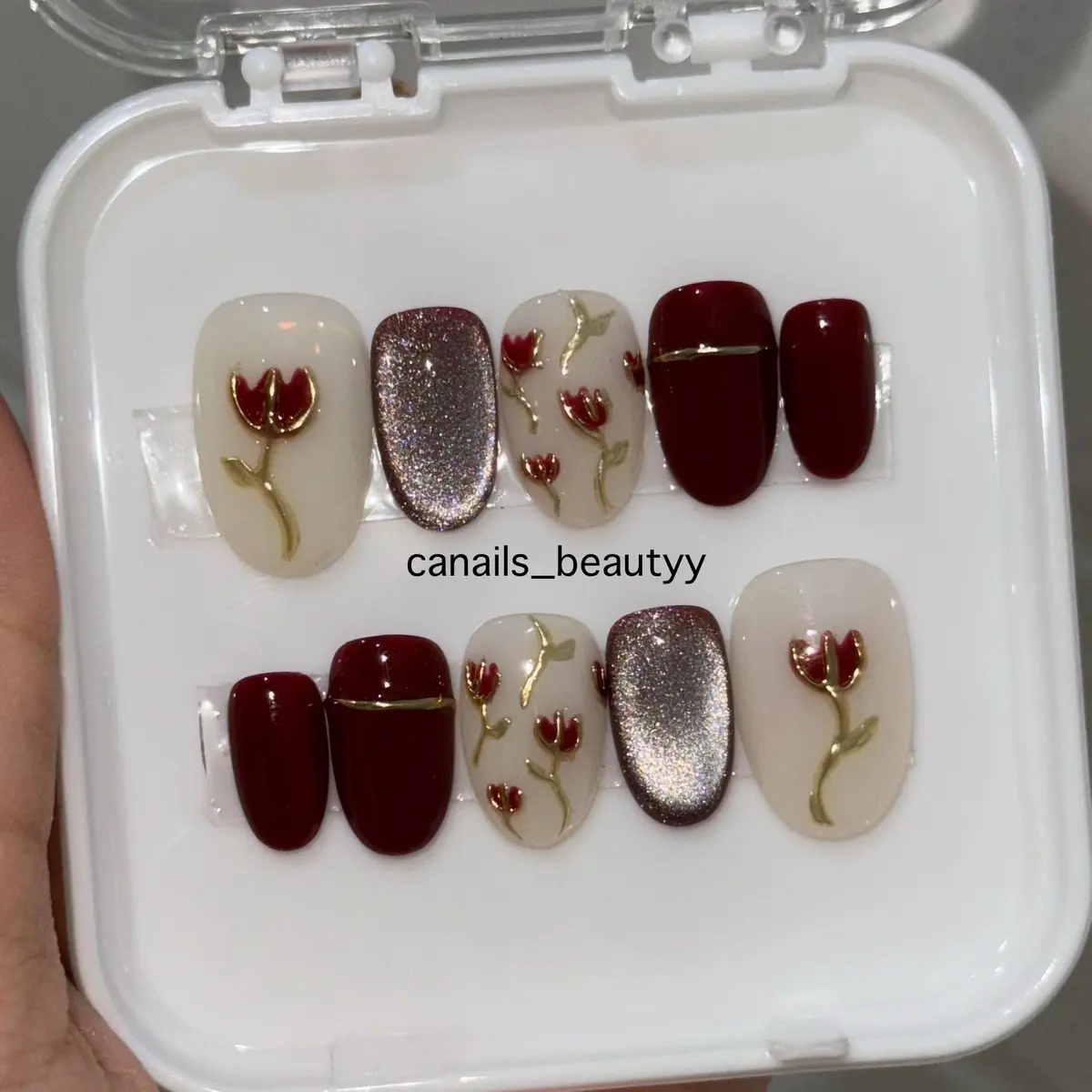 Kuku Palsu Maroon Rose | Press On Nails | Custom Fake Nails | Hand Made | Nail Art Murah