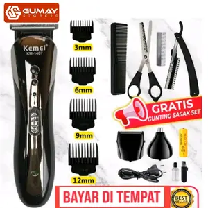 PAKET KOMPLIT Mesin Cukur Rambut Kumis Jenggot Kemei KM - 1407 / Alat Cukur Rambut Cas 1set Komplit BONUS GUNTING DAN SILET CUKUR DAN SISIR