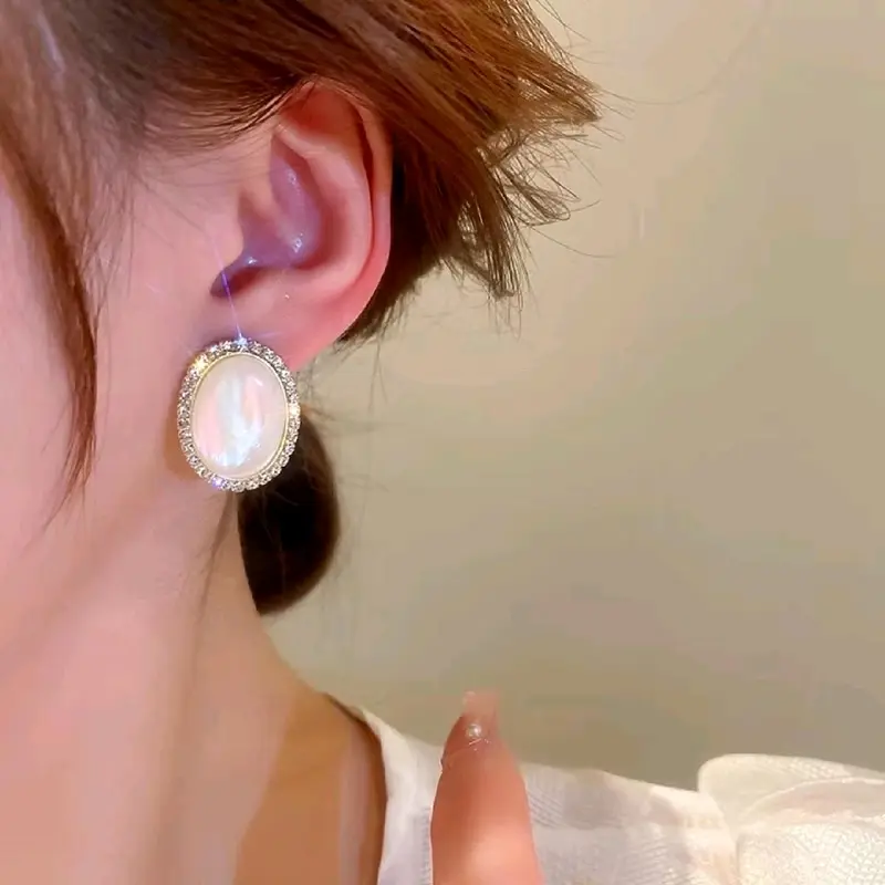 Bree Oval Zircon Stud Earrings Anting Tusuk Resin Model Giok Batu Stone Putih Fashion 3